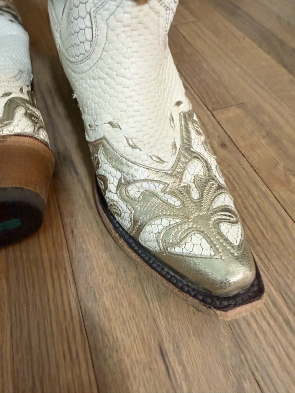 Women's Cream and Gold Embroidered Western Combat Boots